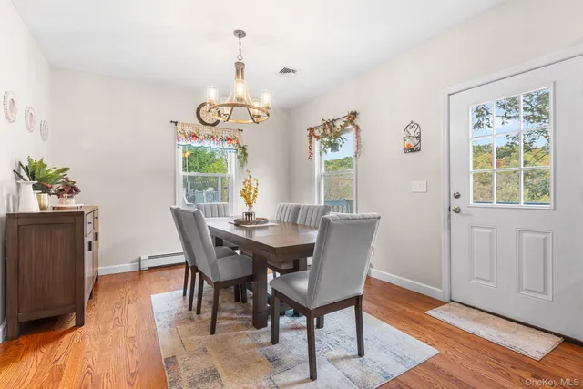 a view of a dining room with furniture window and wooden floor