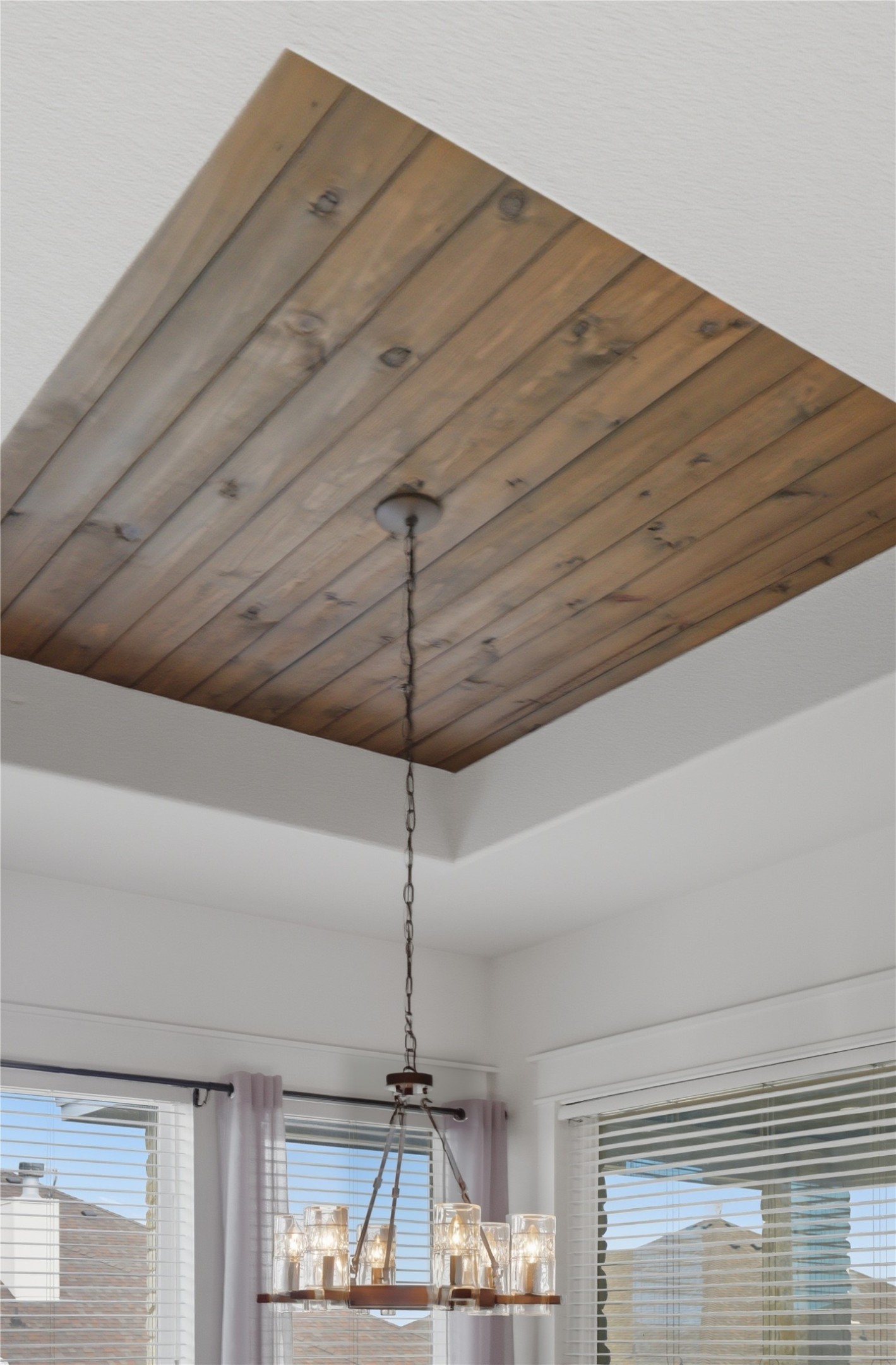133 Greg Lane Jarrell, TX 76537 - Photo 13 of 24 Tray ceiling featuring wood-finish paneling and a suspended multi-light chandelier with clear glass shades