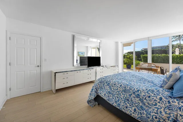 a spacious bedroom with a bed and large window