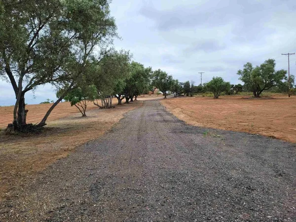 a view of dirt yard with a barn