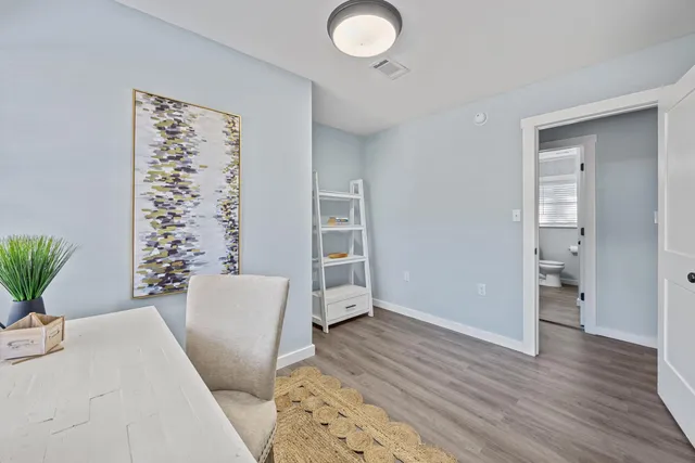 a living room with furniture and a potted plant