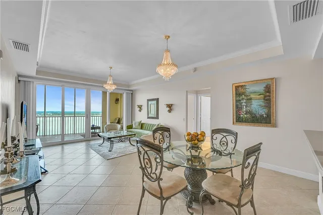 a view of a dining room with furniture window and outside view