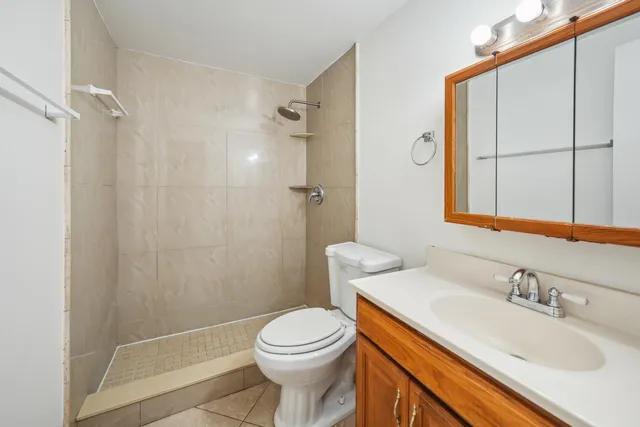 a bathroom with a sink a toilet and shower