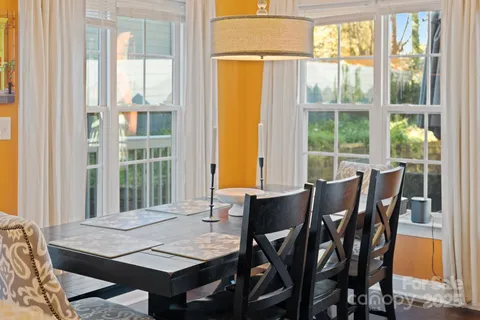 a view of a dining room with furniture and window
