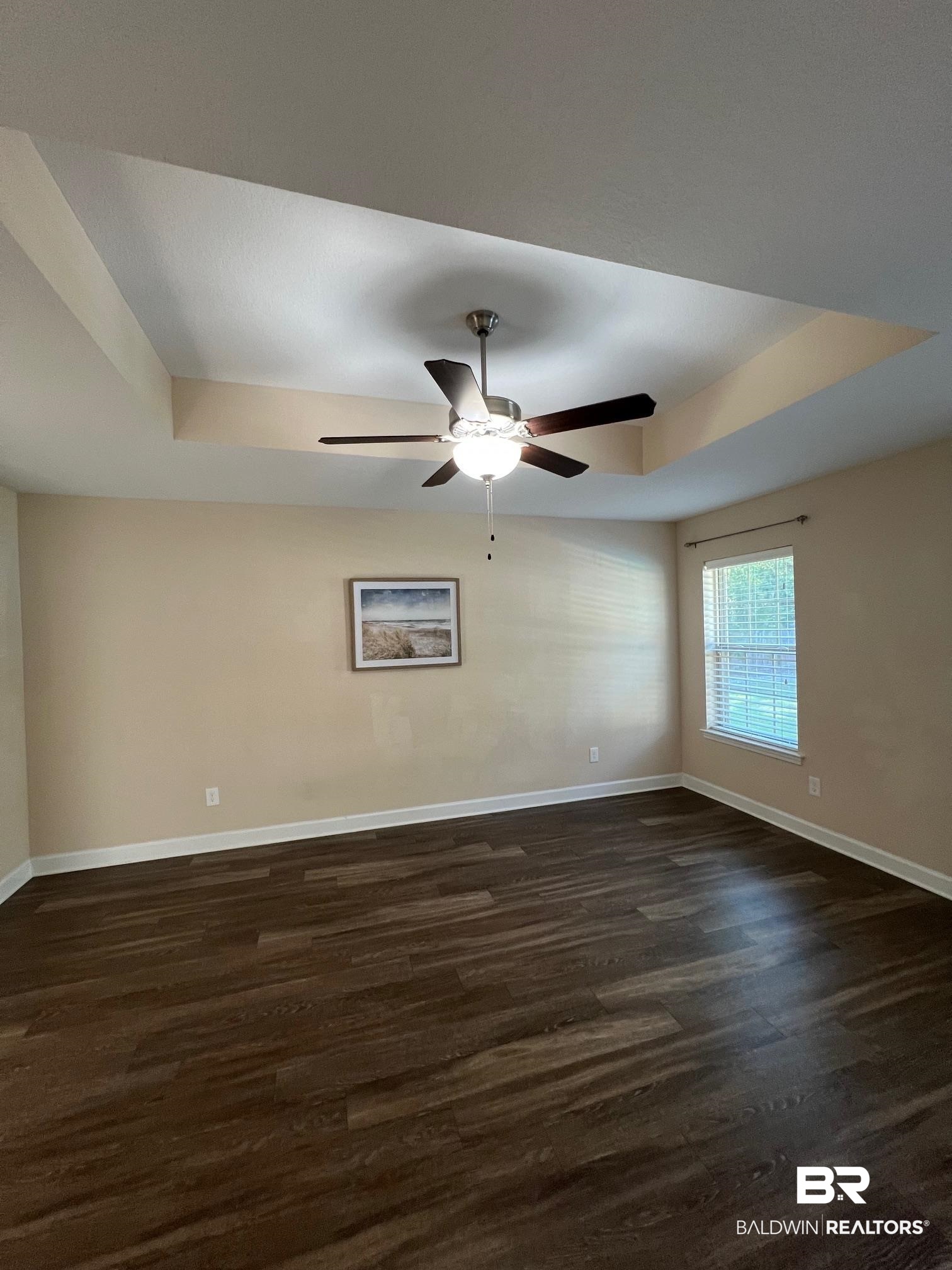10257 Lyttleton Loop Lillian, AL 36549 - Photo 14 of 31 Spare room featuring a tray ceiling, dark wood finished floors, and a ceiling fan