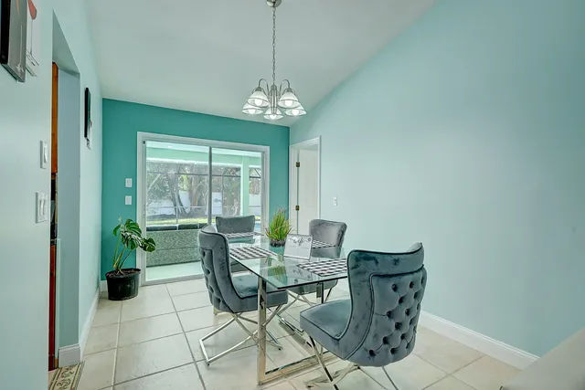 a view of a dining room with furniture window and outside view