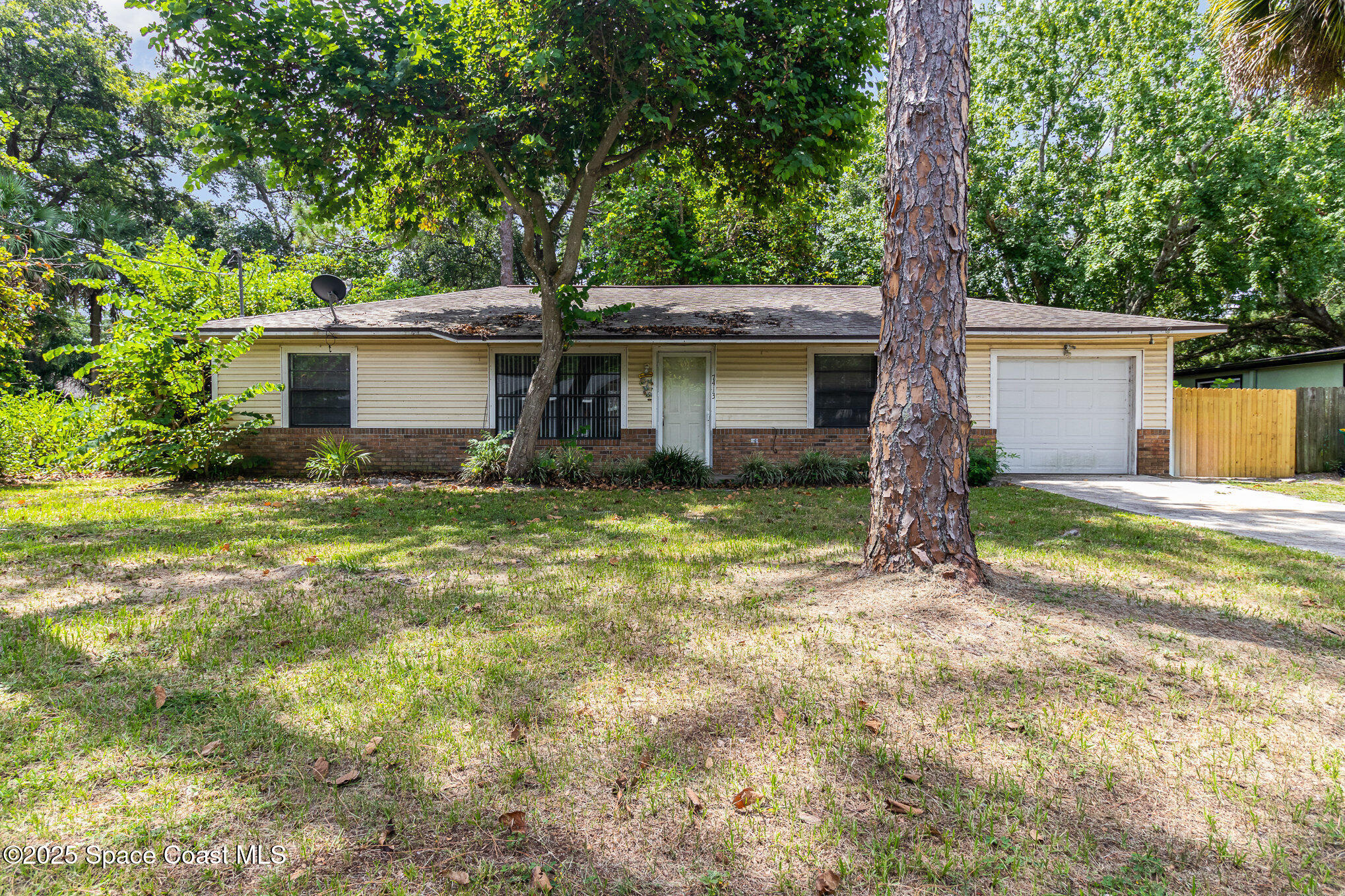 a view of a house with backyard and a tree