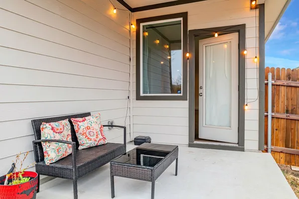 a view of a bench in the patio