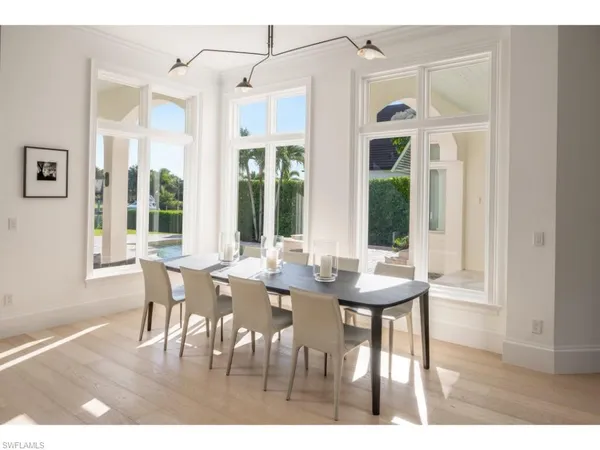 a view of a dining room with furniture wooden floor and a chandelier
