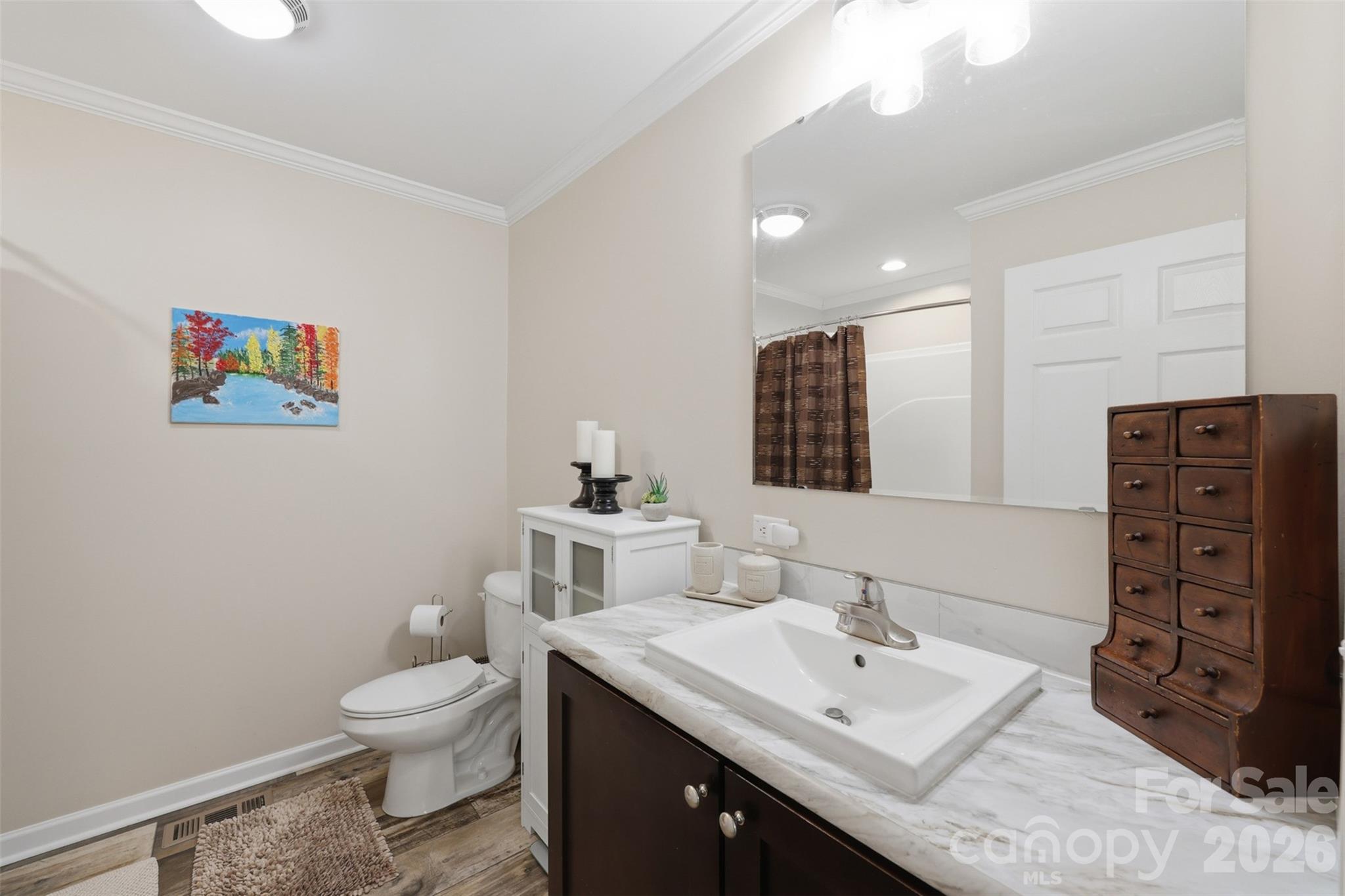 6591 George Hildebran School Road Hickory, NC 28602 - Photo 28 of 41 a bathroom with a toilet a sink and mirror