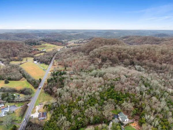 an aerial view of houses covered in trees