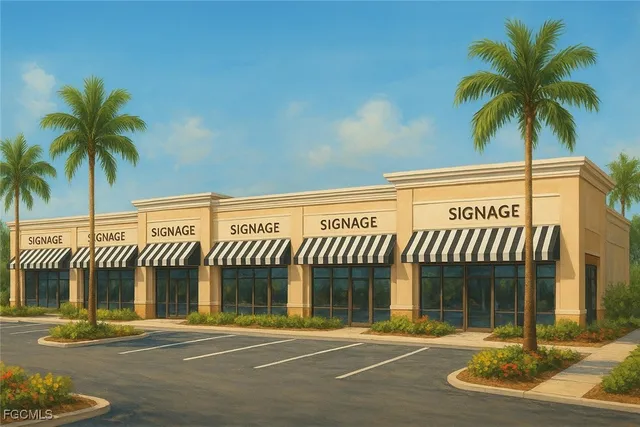 a front view of building with retail area and sign board