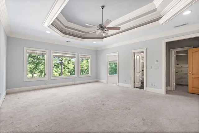 a view of a house with a big yard potted plants and large tree
