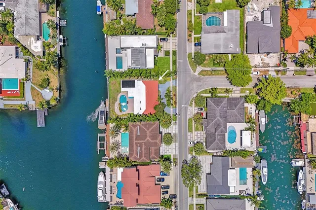 aerial view of an buildings and street