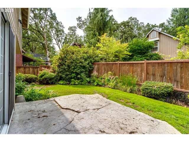 a view of a backyard with plants and a lake view