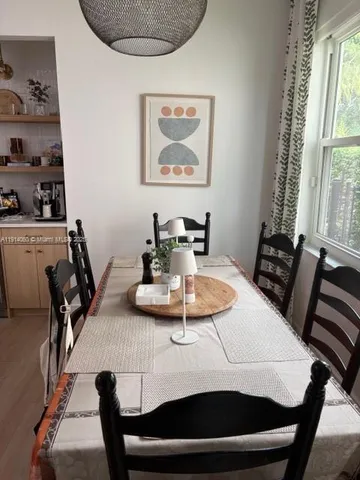 a view of a dining room with furniture