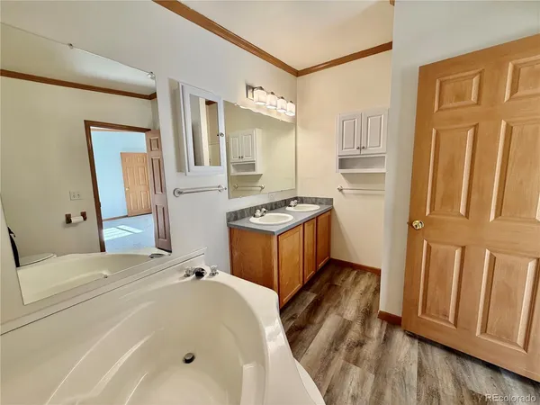 a bathroom with a tub sink and mirror