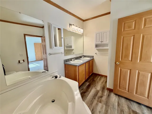 a bathroom with a tub sink and mirror