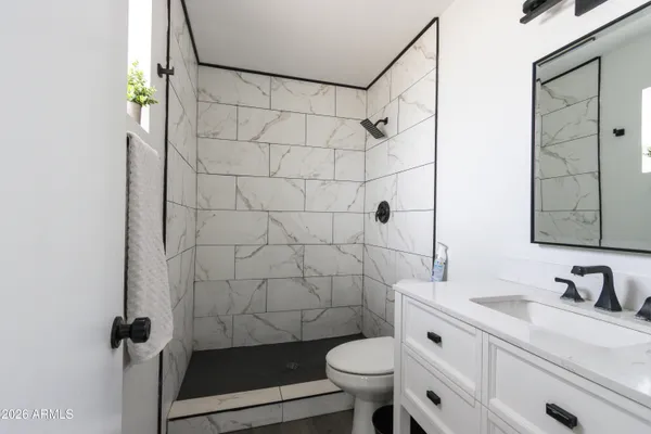 a bathroom with a sink toilet and shower