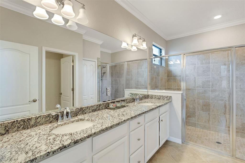 20573 Trattoria Loop Venice, FL 34293 - Photo 22 of 46 a bathroom with a granite countertop sink a mirror and a shower