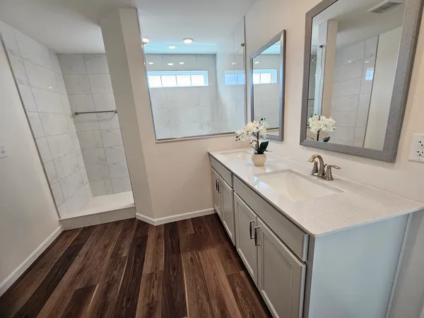 a bathroom with sink a mirror a vanity and a shower
