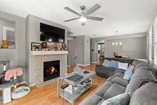 a living room with furniture a flat screen tv and a fireplace