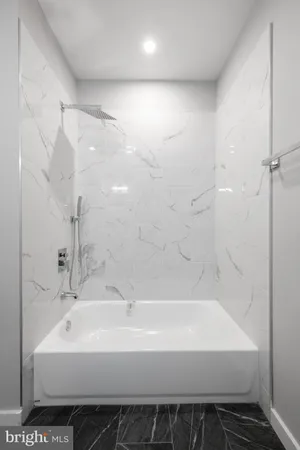 a bathroom with a bathtub and a shower