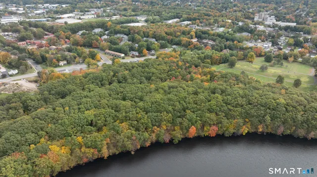 a view of a lake with a city