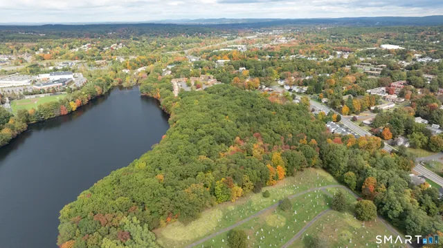 an aerial view of residential houses with outdoor space and trees