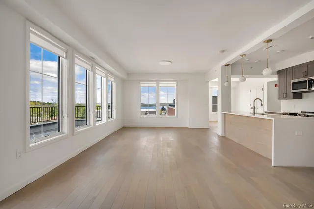 a view of a big room with wooden floor and windows