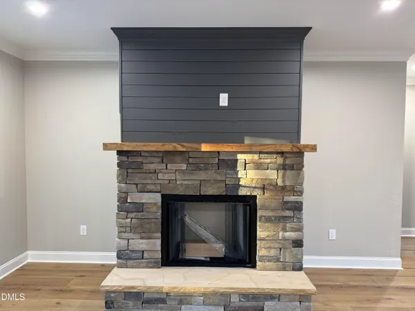 a living room with a fireplace