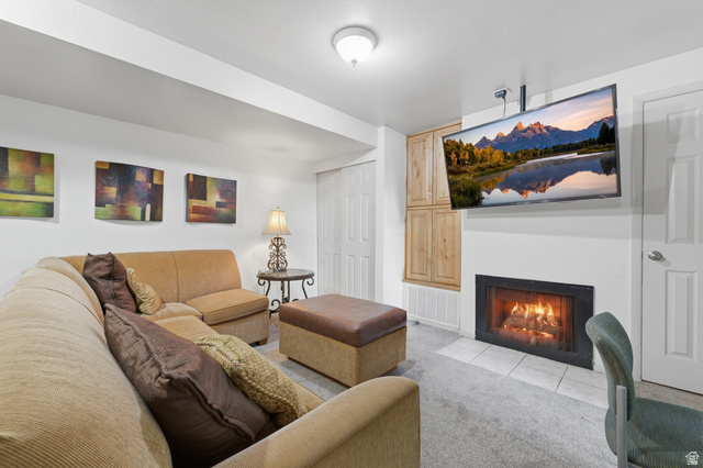 1700 Hickory Lane Provo, UT 84604 - Photo 9 of 20 Recreational space featuring a built-in fireplace with a tile hearth, carpeted flooring, and built-in wood-finish cabinetry