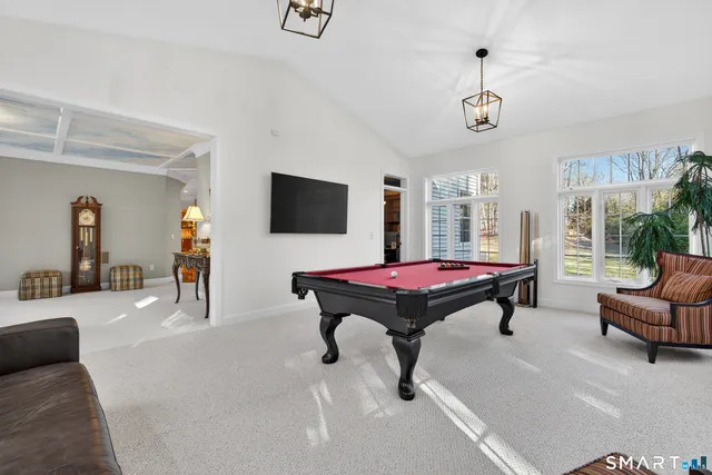 a view of a dining room with furniture