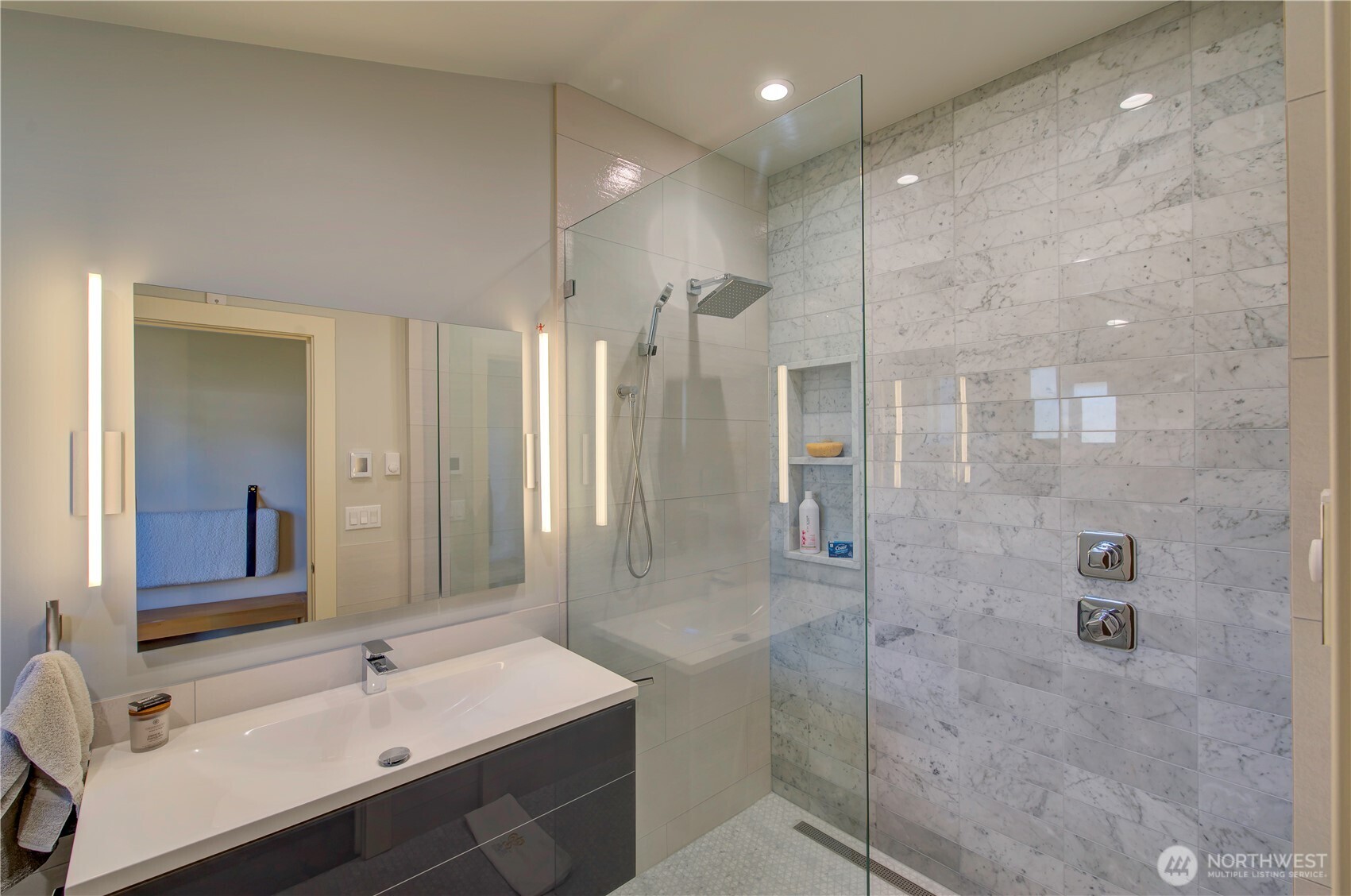 1115 34 Street Seaview, WA 98644 - Photo 20 of 31 a bathroom with a sink shower and a mirror