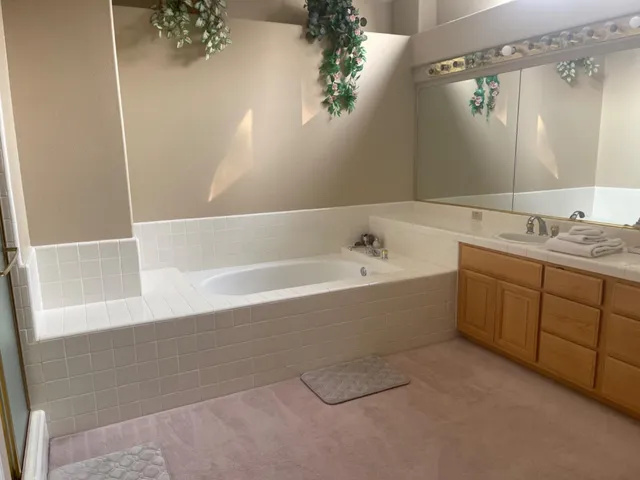 a bathroom with a tub sink and mirror