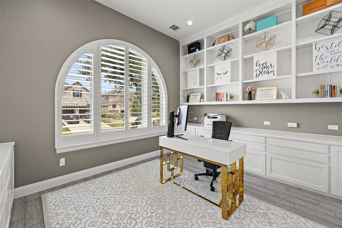 403 Woodside Terrace Austin, TX 78738 - Photo 4 of 38 Office area featuring light wood-style floors and recessed lighting