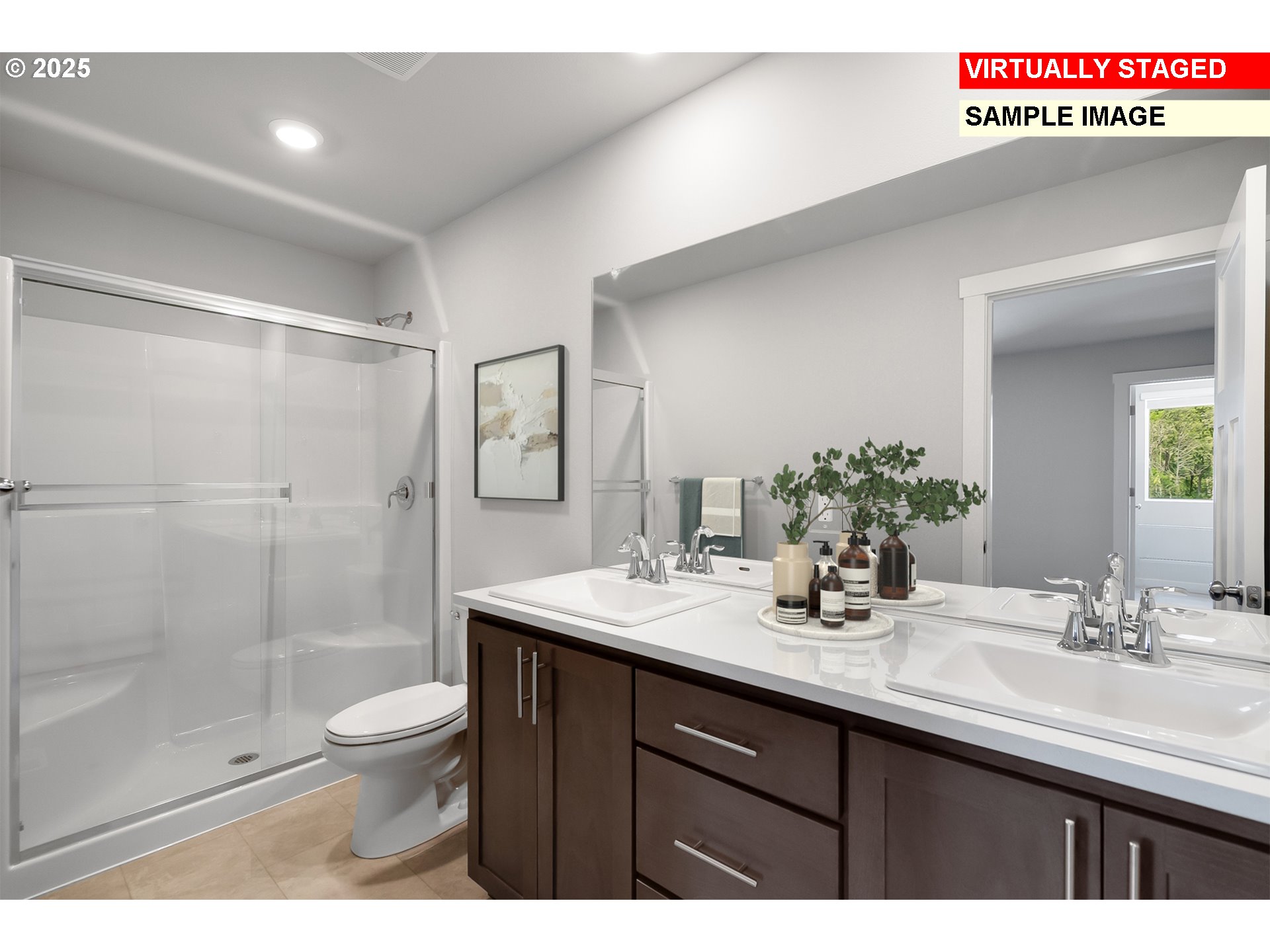 15066 Southwest 165th Avenue Tigard, OR 97224 - Photo 13 of 24 a bathroom with a sink a toilet a mirror and shower