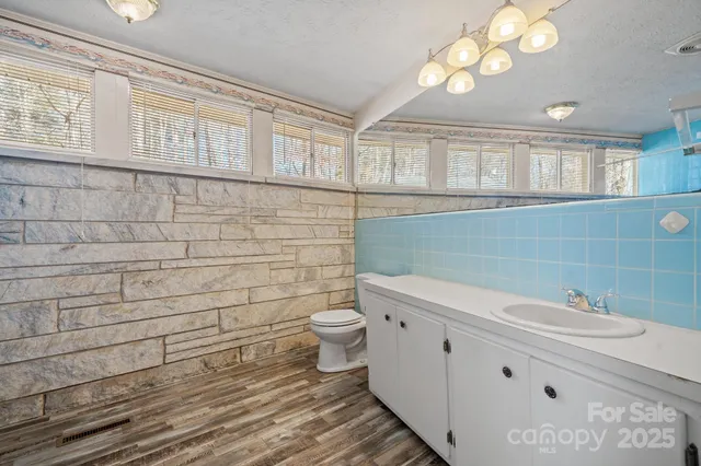 a bathroom with a sink a toilet and mirror