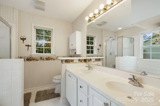 a bathroom with a sink double vanity and a toilet