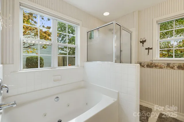 a bathroom with a bathtub and a shower