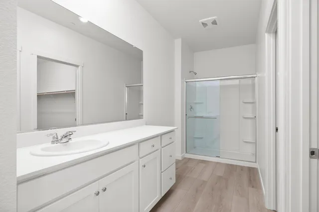 a bathroom with a shower sink and mirror