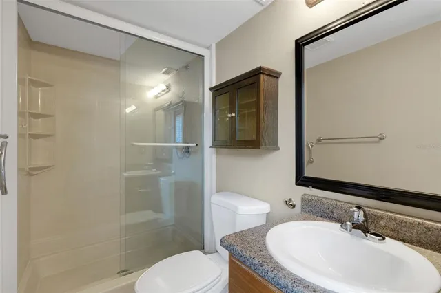 a view of a park with large trees