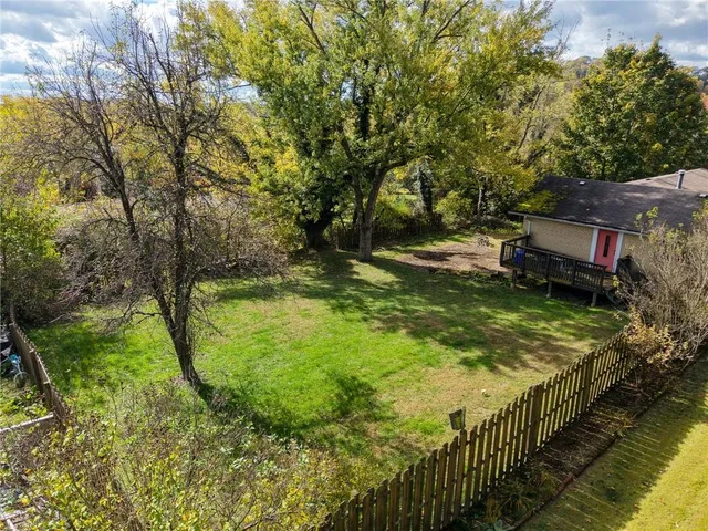 a view of a yard with large trees