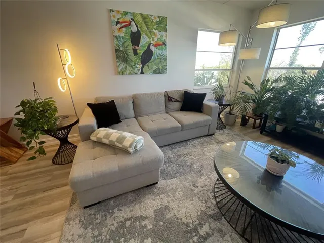 a living room with furniture and a potted plant