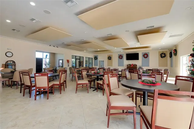 a view of a lake with a large building