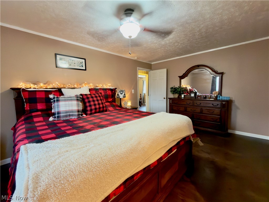 17377 Murphy Road Amesville, OH 45711 - Photo 22 of 43 Bedroom with a ceiling fan, crown molding, and a textured ceiling