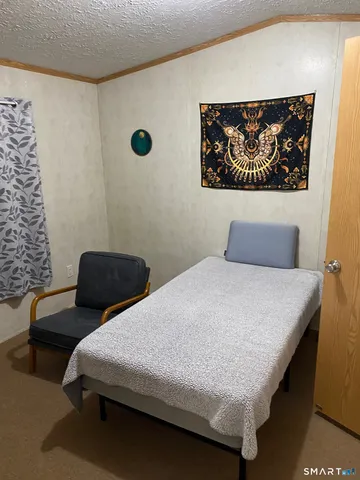 a bedroom with a bed and wall painting