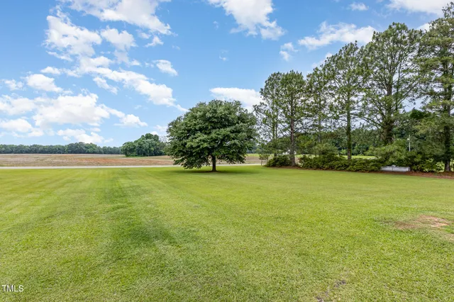 a view of yard with swimming pool and green space