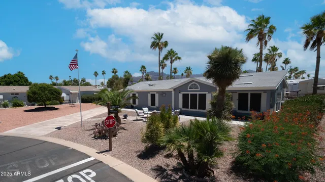 an aerial view of a house with a yard and potted plants