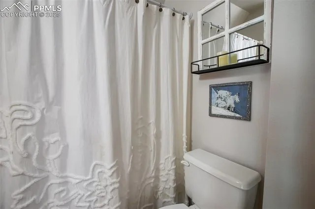a bathroom with a toilet and a shower curtain